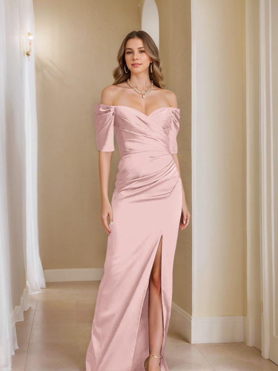 Off-the-Shoulder Short Sleeve Sheath/Column Mother of the Bride Dress With Front Split