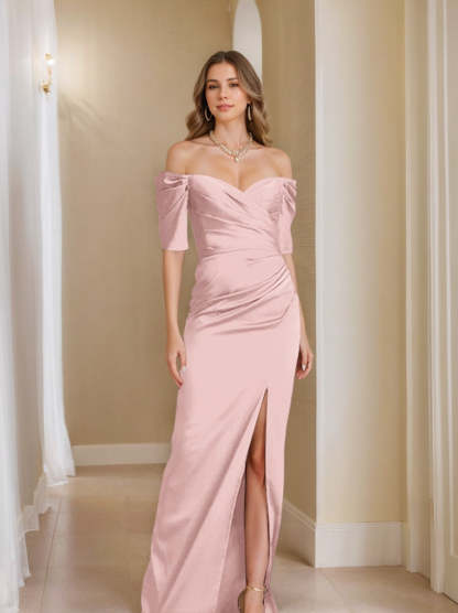 Off-the-Shoulder Short Sleeve Sheath/Column Mother of the Bride Dress With Front Split