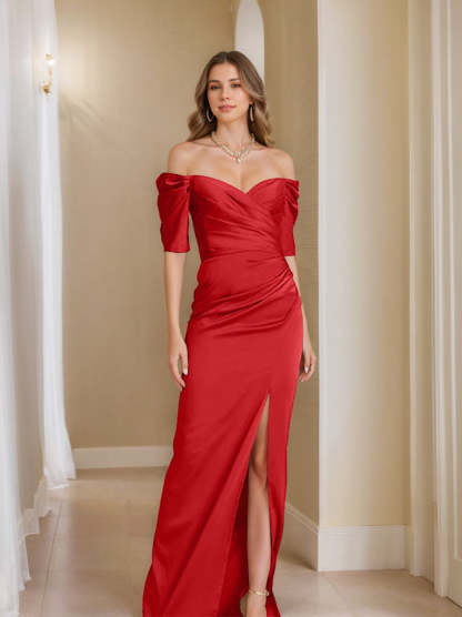 Off-the-Shoulder Short Sleeve Sheath/Column Mother of the Bride Dress With Front Split