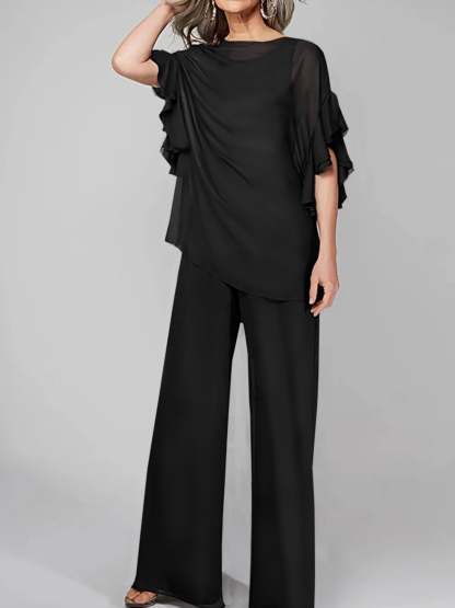 Chiffon Mother of the Bride Pantsuits with Scoop Neck and Half Sleeves-BMbridal