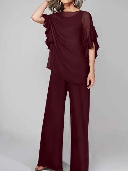 Chiffon Mother of the Bride Pantsuits with Scoop Neck and Half Sleeves-BMbridal