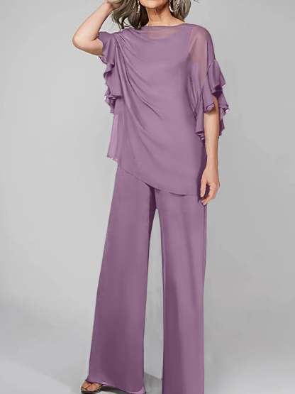 Chiffon Mother of the Bride Pantsuits with Scoop Neck and Half Sleeves-BMbridal