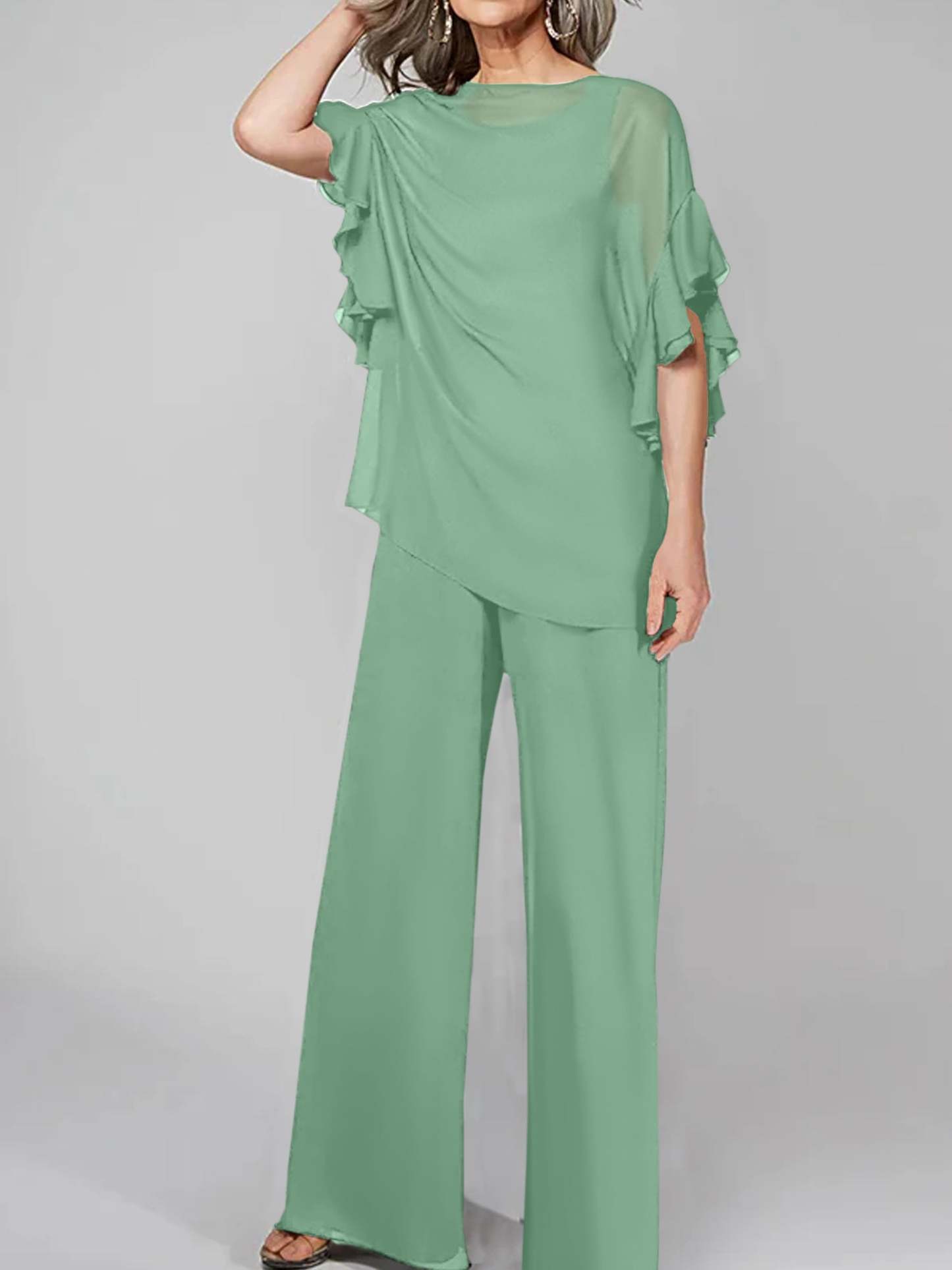Chiffon Mother of the Bride Pantsuits with Scoop Neck and Half Sleeves-BMbridal