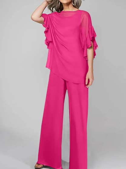 Chiffon Mother of the Bride Pantsuits with Scoop Neck and Half Sleeves-BMbridal