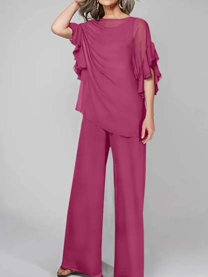 Chiffon Mother of the Bride Pantsuits with Scoop Neck and Half Sleeves-BMbridal