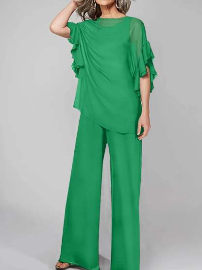 Chiffon Mother of the Bride Pantsuits with Scoop Neck and Half Sleeves-BMbridal