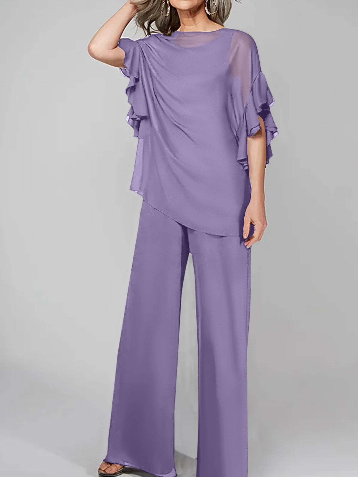 Chiffon Mother of the Bride Pantsuits with Scoop Neck and Half Sleeves-BMbridal