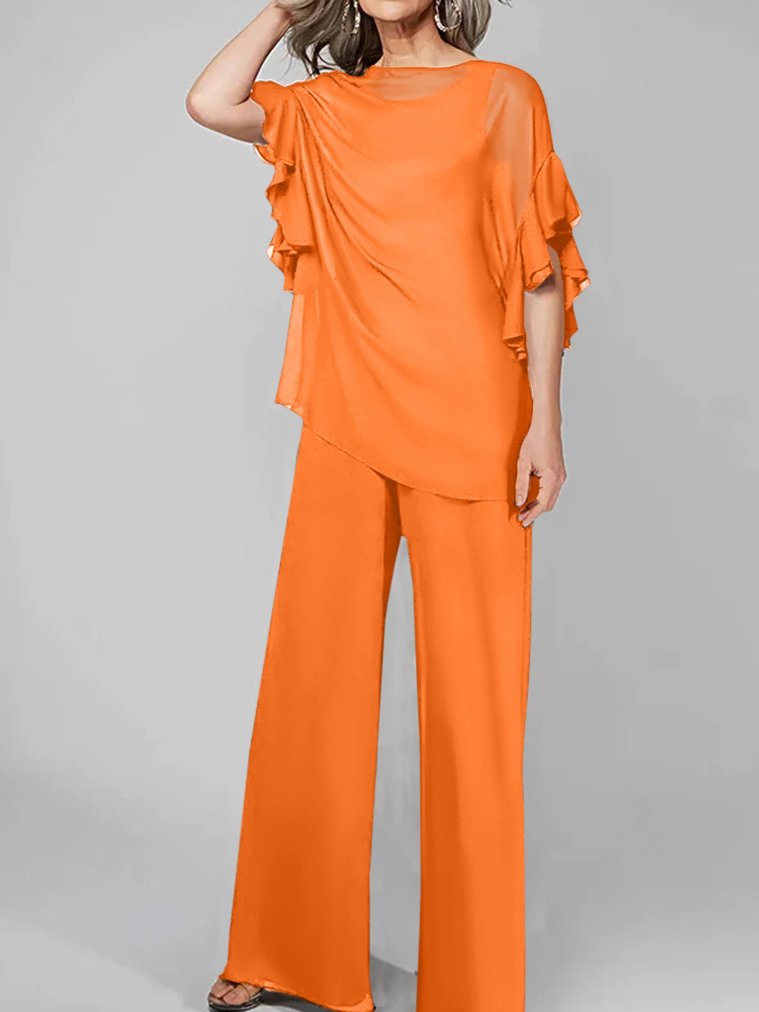 Chiffon Mother of the Bride Pantsuits with Scoop Neck and Half Sleeves-BMbridal