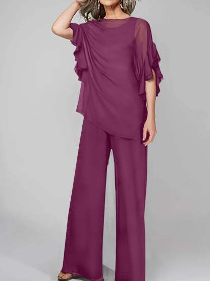 Chiffon Mother of the Bride Pantsuits with Scoop Neck and Half Sleeves-BMbridal