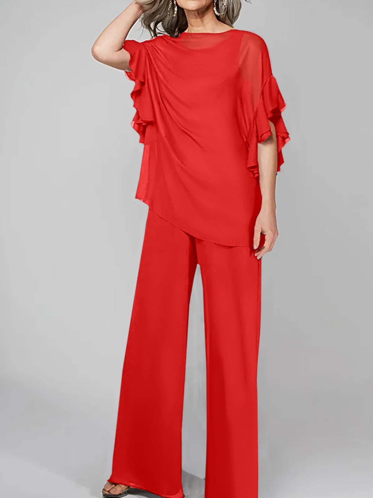 Chiffon Mother of the Bride Pantsuits with Scoop Neck and Half Sleeves-BMbridal