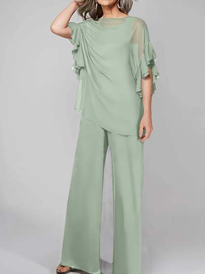 Chiffon Mother of the Bride Pantsuits with Scoop Neck and Half Sleeves-BMbridal