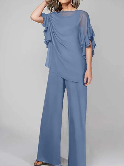 Chiffon Mother of the Bride Pantsuits with Scoop Neck and Half Sleeves-BMbridal