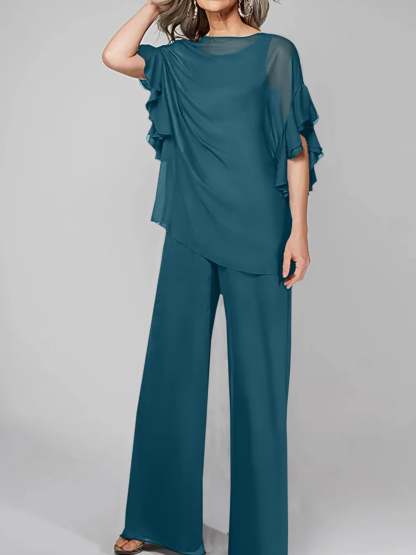 Chiffon Mother of the Bride Pantsuits with Scoop Neck and Half Sleeves-BMbridal