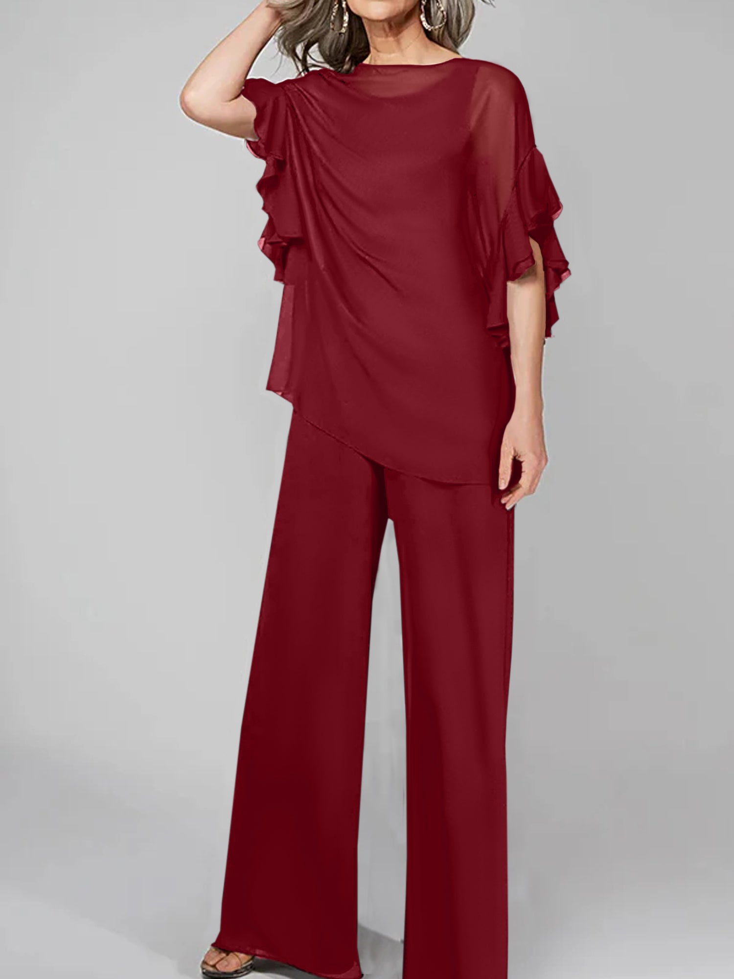Chiffon Mother of the Bride Pantsuits with Scoop Neck and Half Sleeves-BMbridal