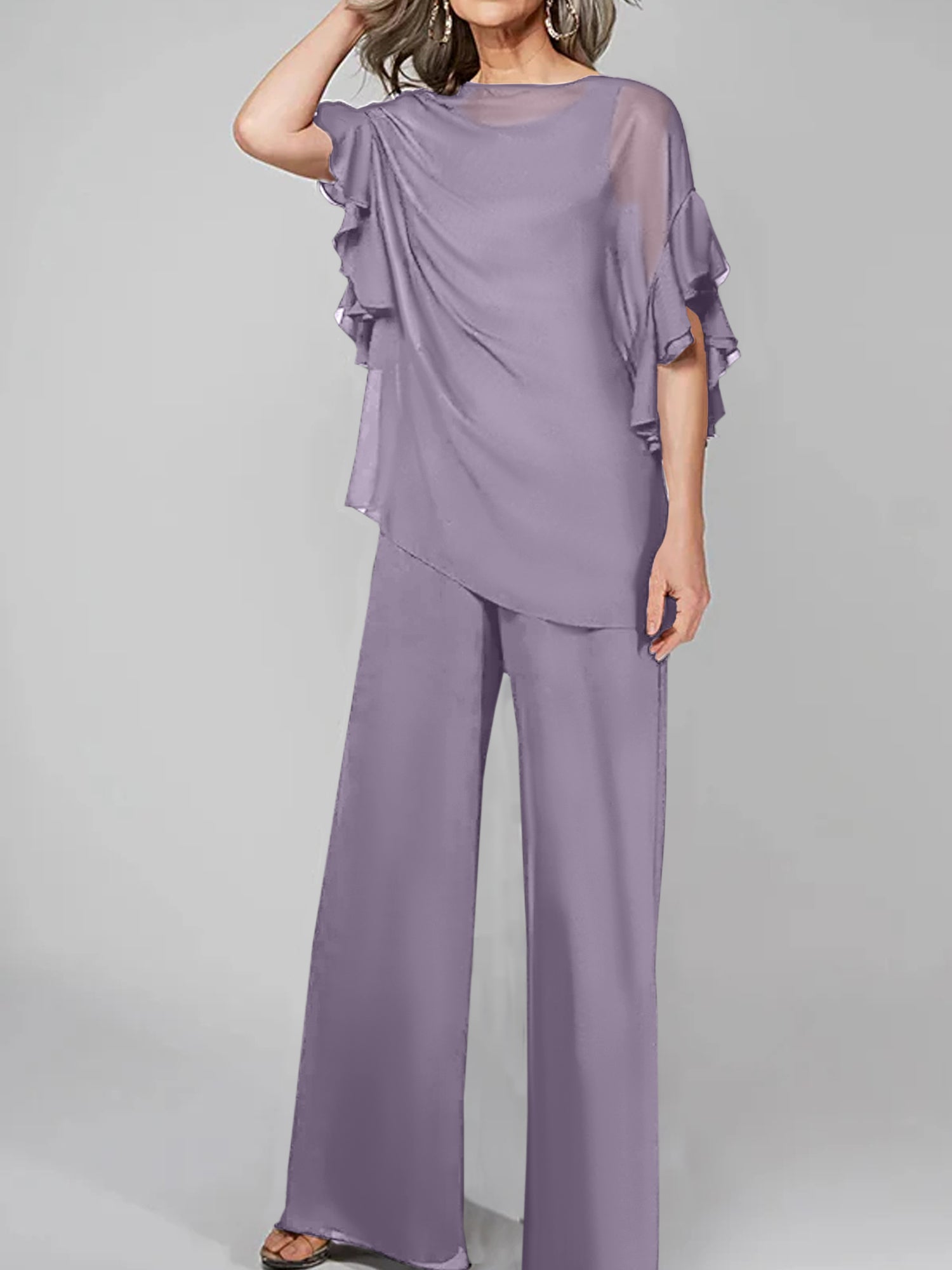 Chiffon Mother of the Bride Pantsuits with Scoop Neck and Half Sleeves-BMbridal