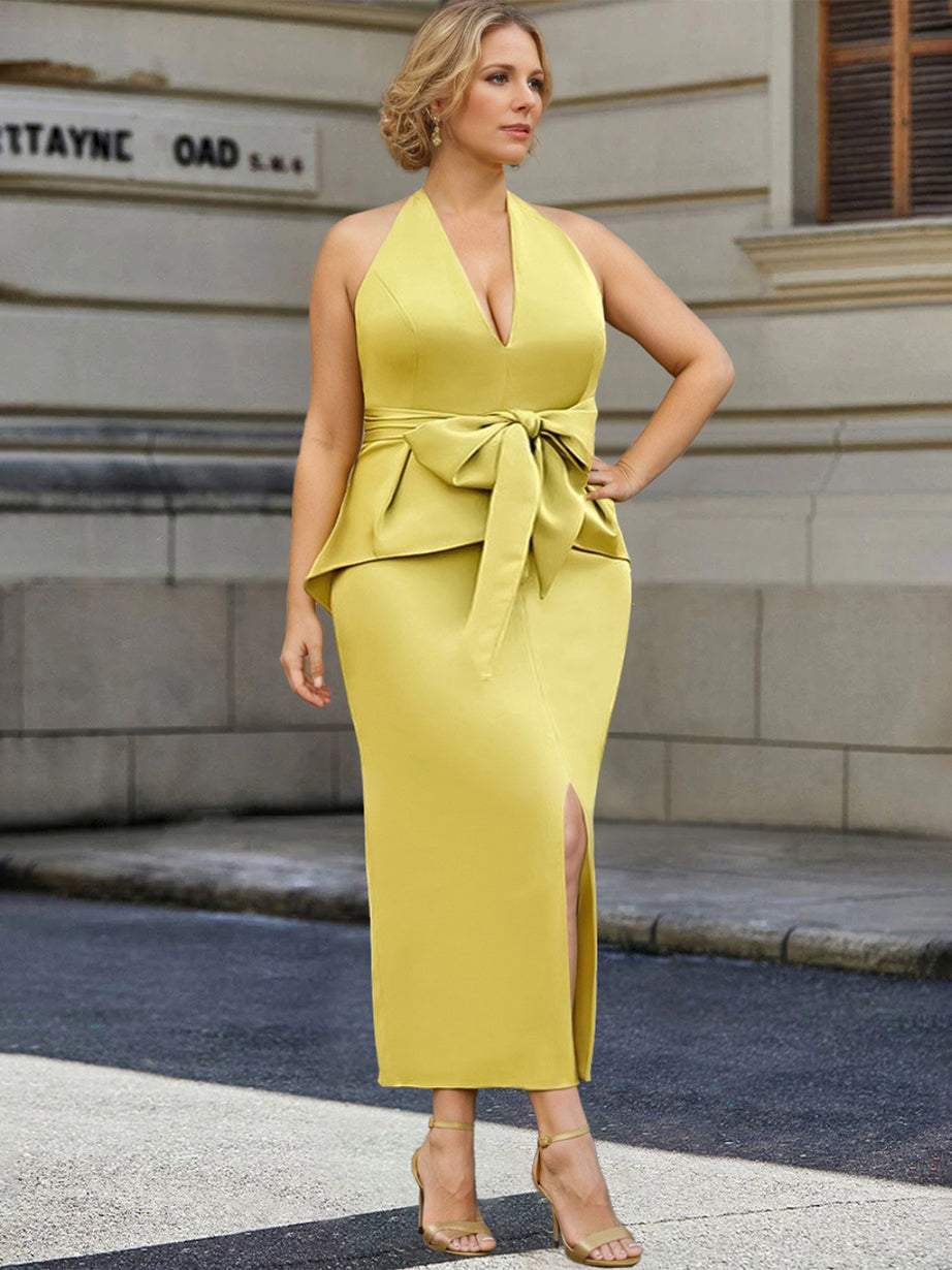 Plus Size Tea-Length Mother of the Bride Halter Dress with Bowknot-BMbridal