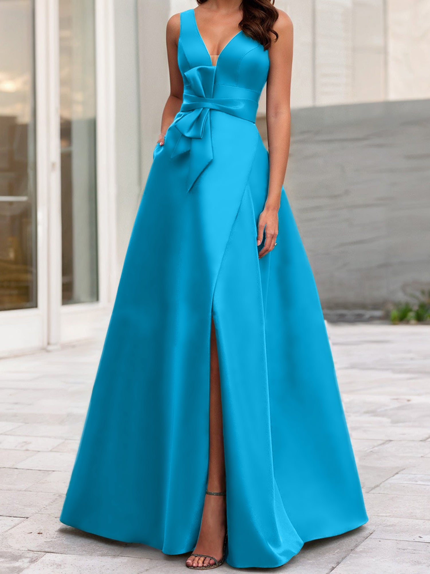 V-Neck Sleeveless A-Line Princess Mother Of The Bride Dress With Side Split-BMbridal