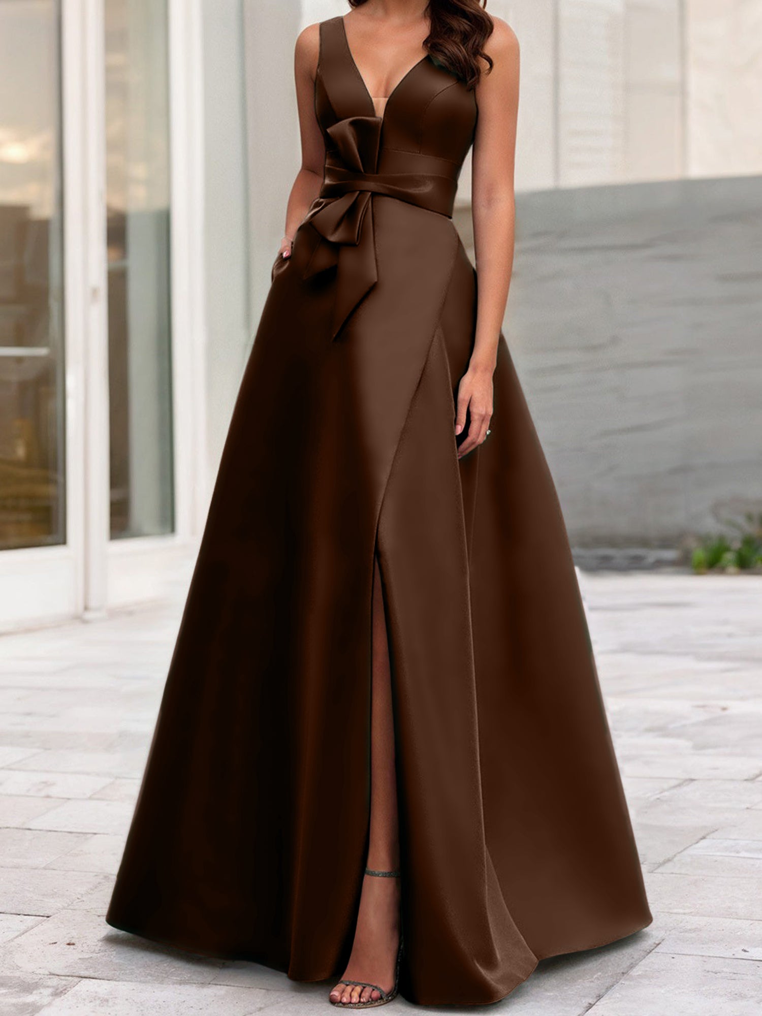 V-Neck Sleeveless A-Line Princess Mother Of The Bride Dress With Side Split-BMbridal