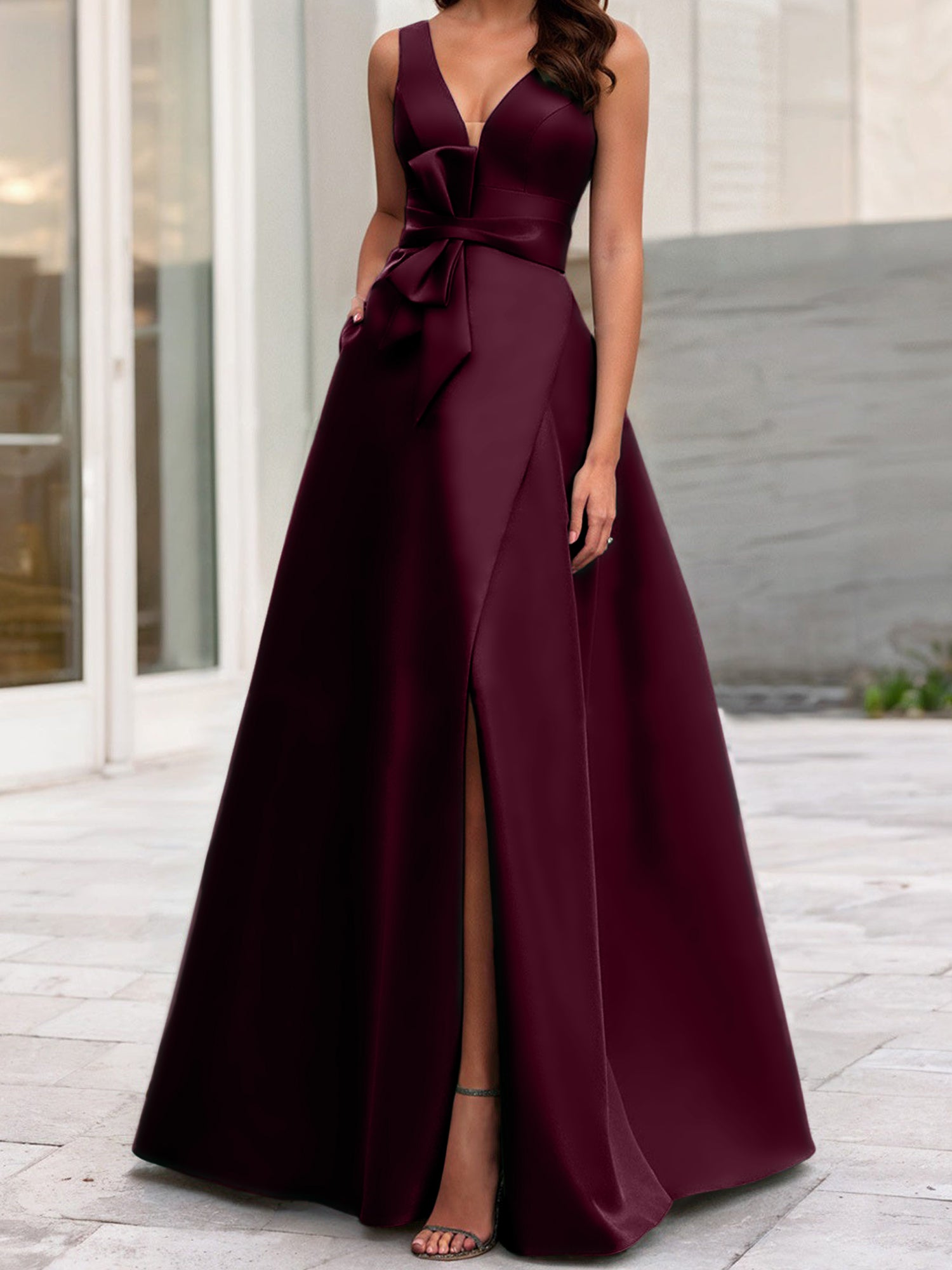 V-Neck Sleeveless A-Line Princess Mother Of The Bride Dress With Side Split-BMbridal