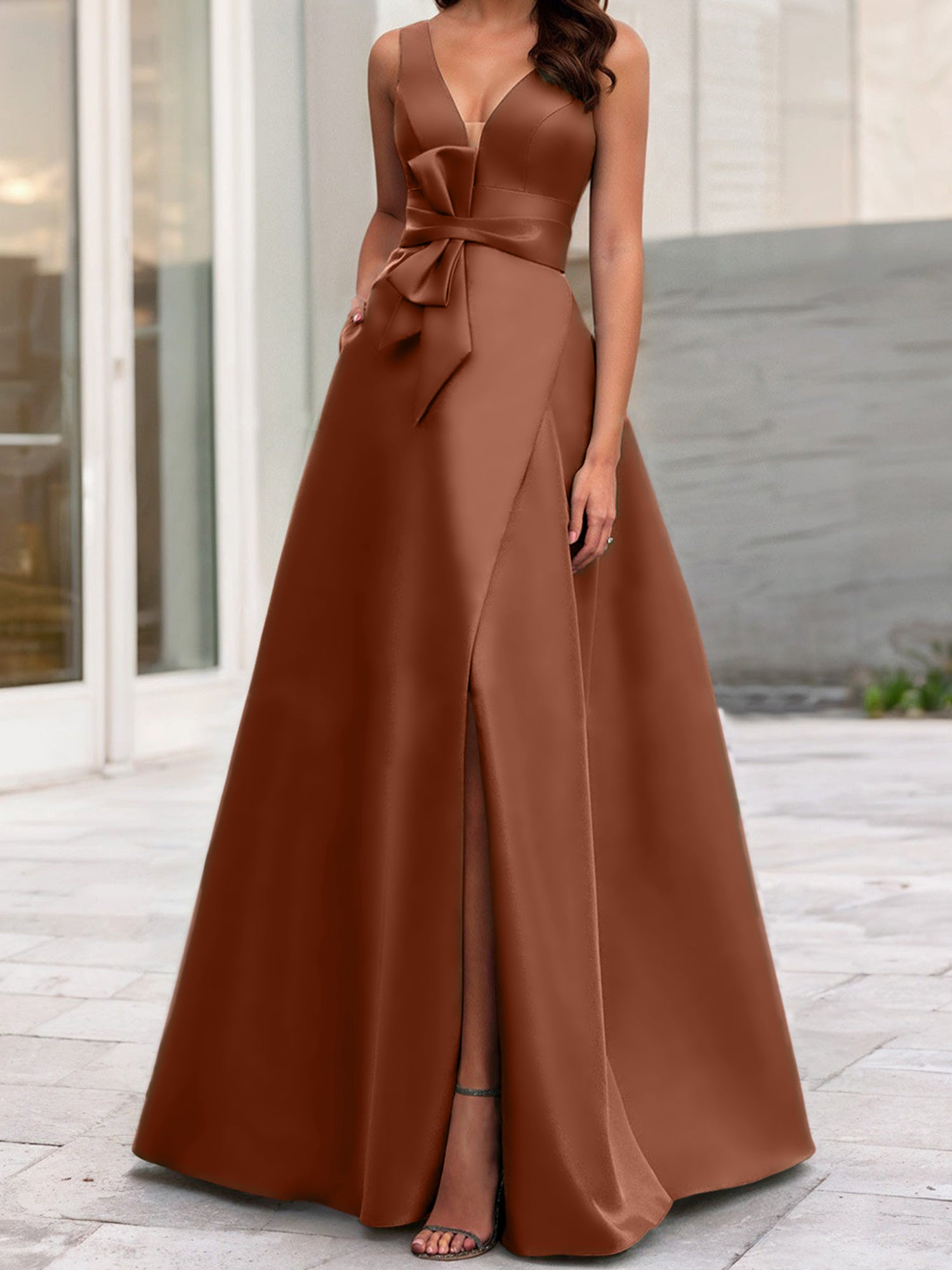 V-Neck Sleeveless A-Line Princess Mother Of The Bride Dress With Side Split-BMbridal