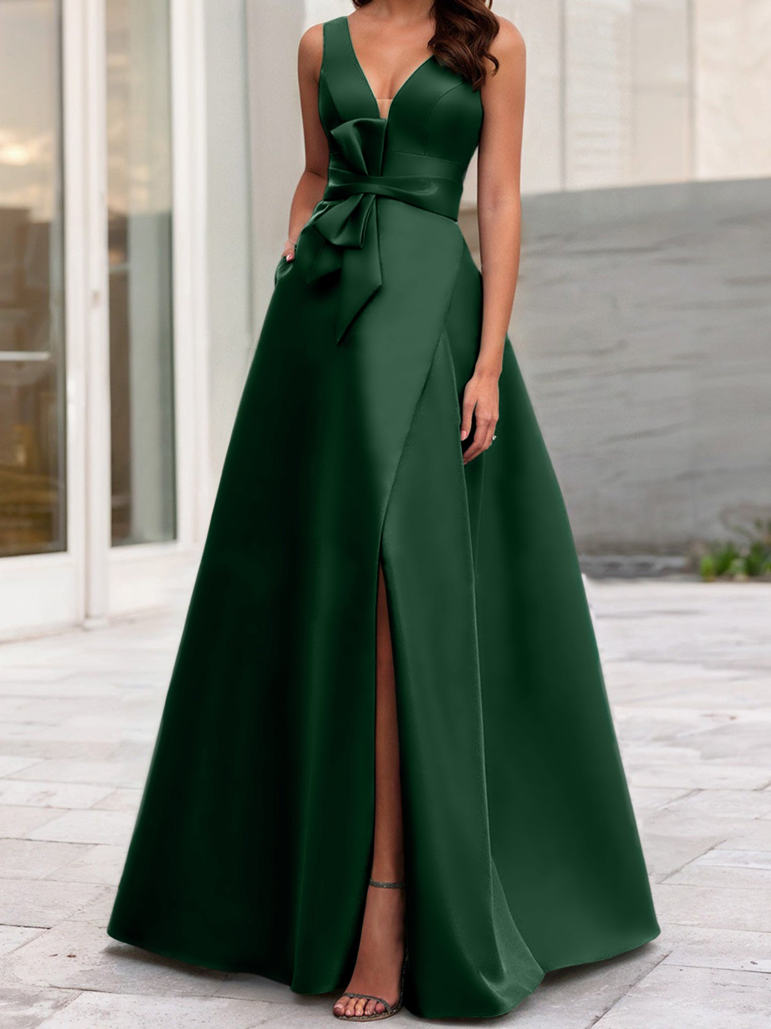 V-Neck Sleeveless A-Line Princess Mother Of The Bride Dress With Side Split-BMbridal