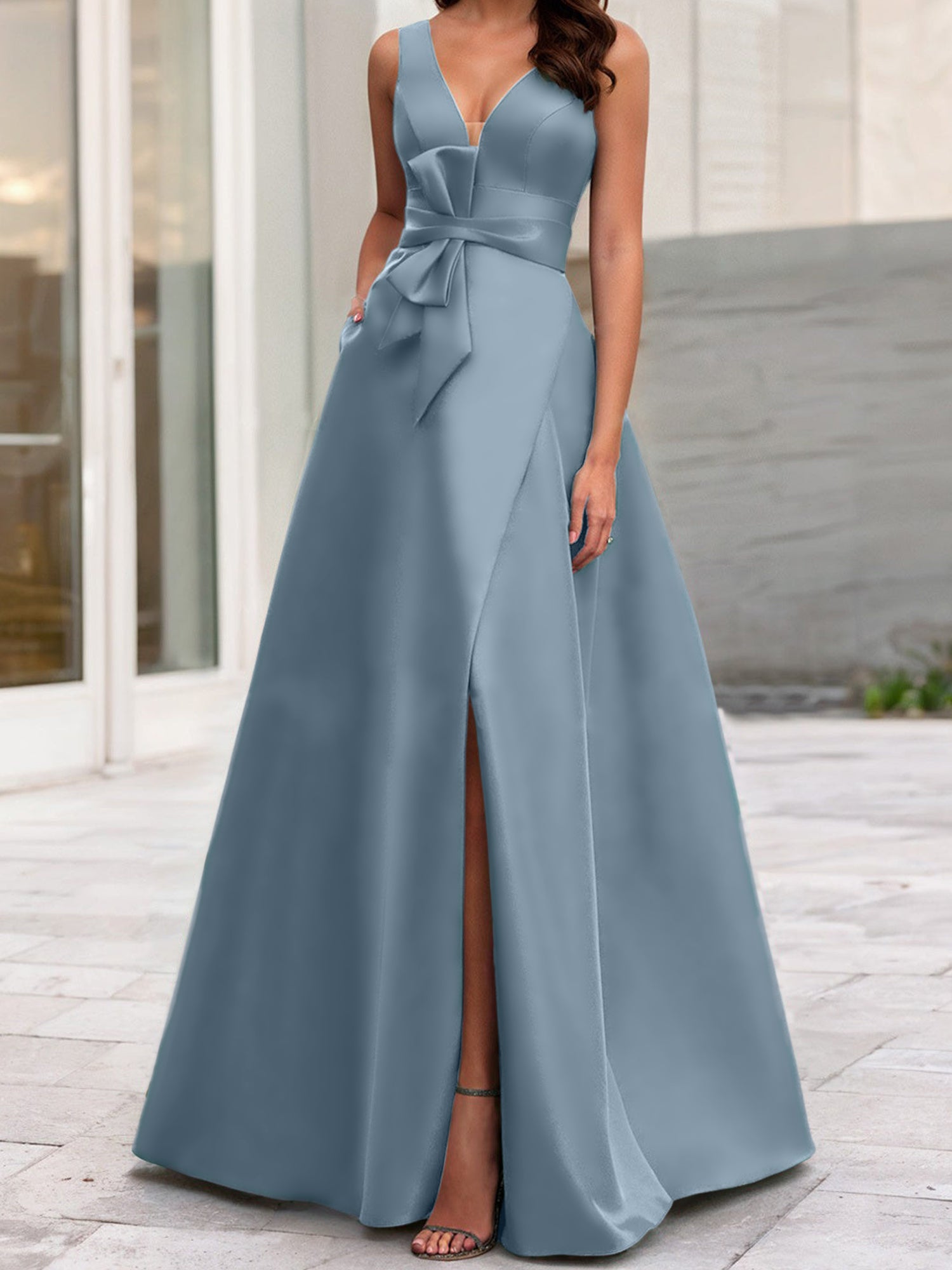 V-Neck Sleeveless A-Line Princess Mother Of The Bride Dress With Side Split-BMbridal