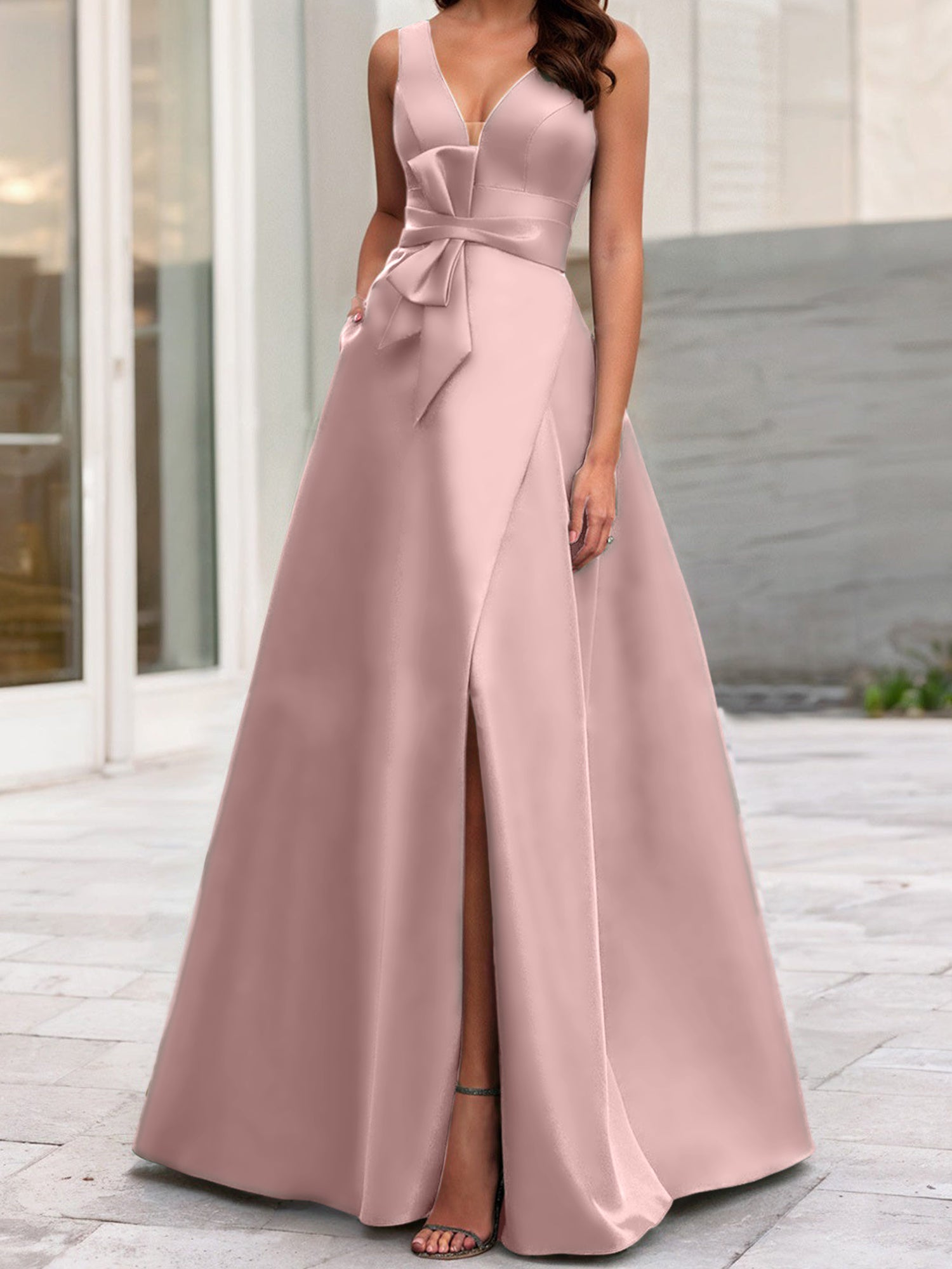 V-Neck Sleeveless A-Line Princess Mother Of The Bride Dress With Side Split-BMbridal