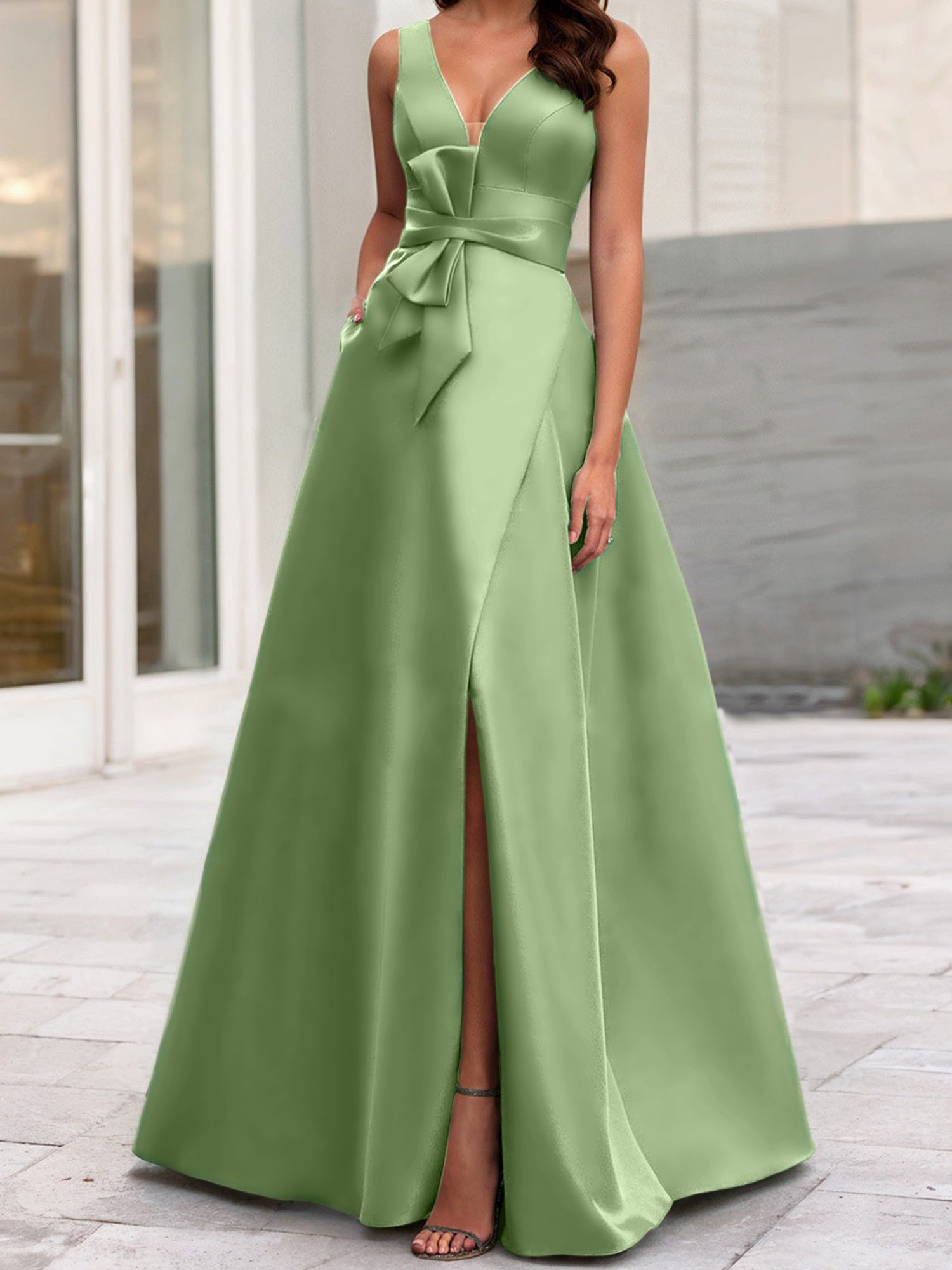 V-Neck Sleeveless A-Line Princess Mother Of The Bride Dress With Side Split-BMbridal