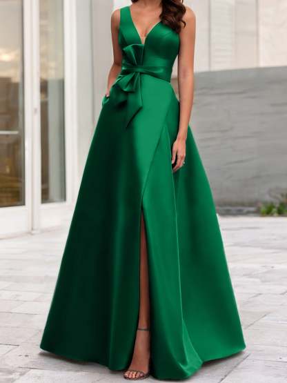 V-Neck Sleeveless A-Line Princess Mother Of The Bride Dress With Side Split-BMbridal