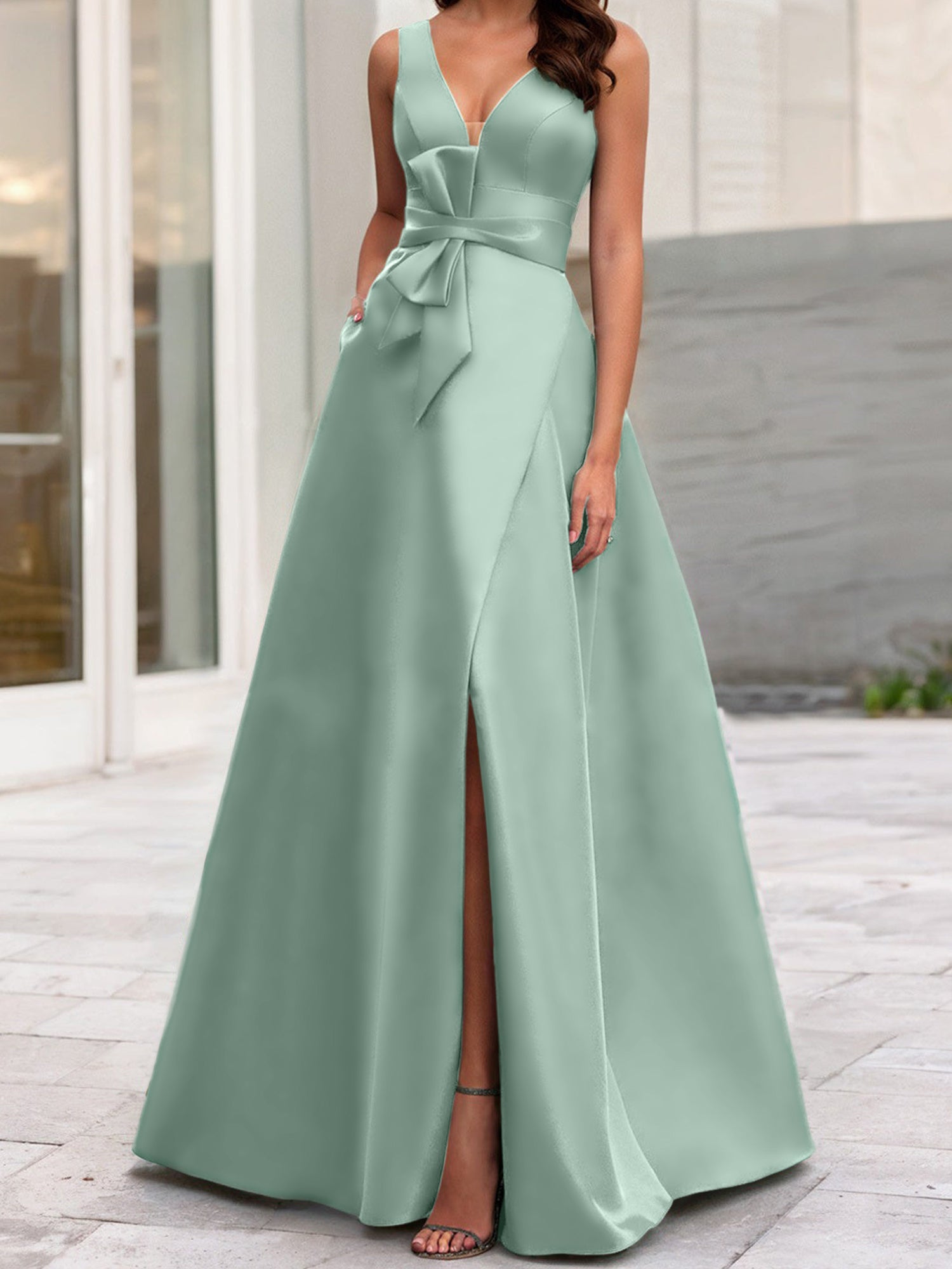 V-Neck Sleeveless A-Line Princess Mother Of The Bride Dress With Side Split-BMbridal