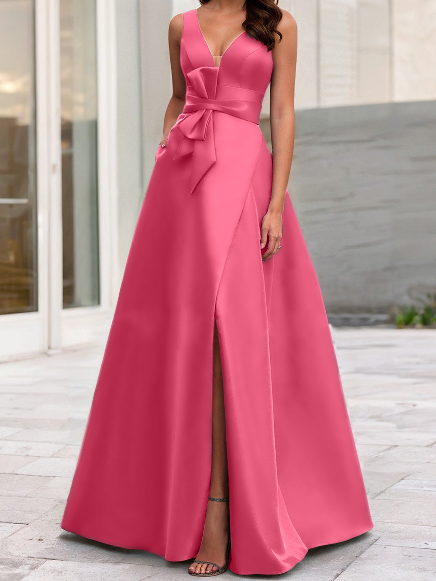 V-Neck Sleeveless A-Line Princess Mother Of The Bride Dress With Side Split-BMbridal