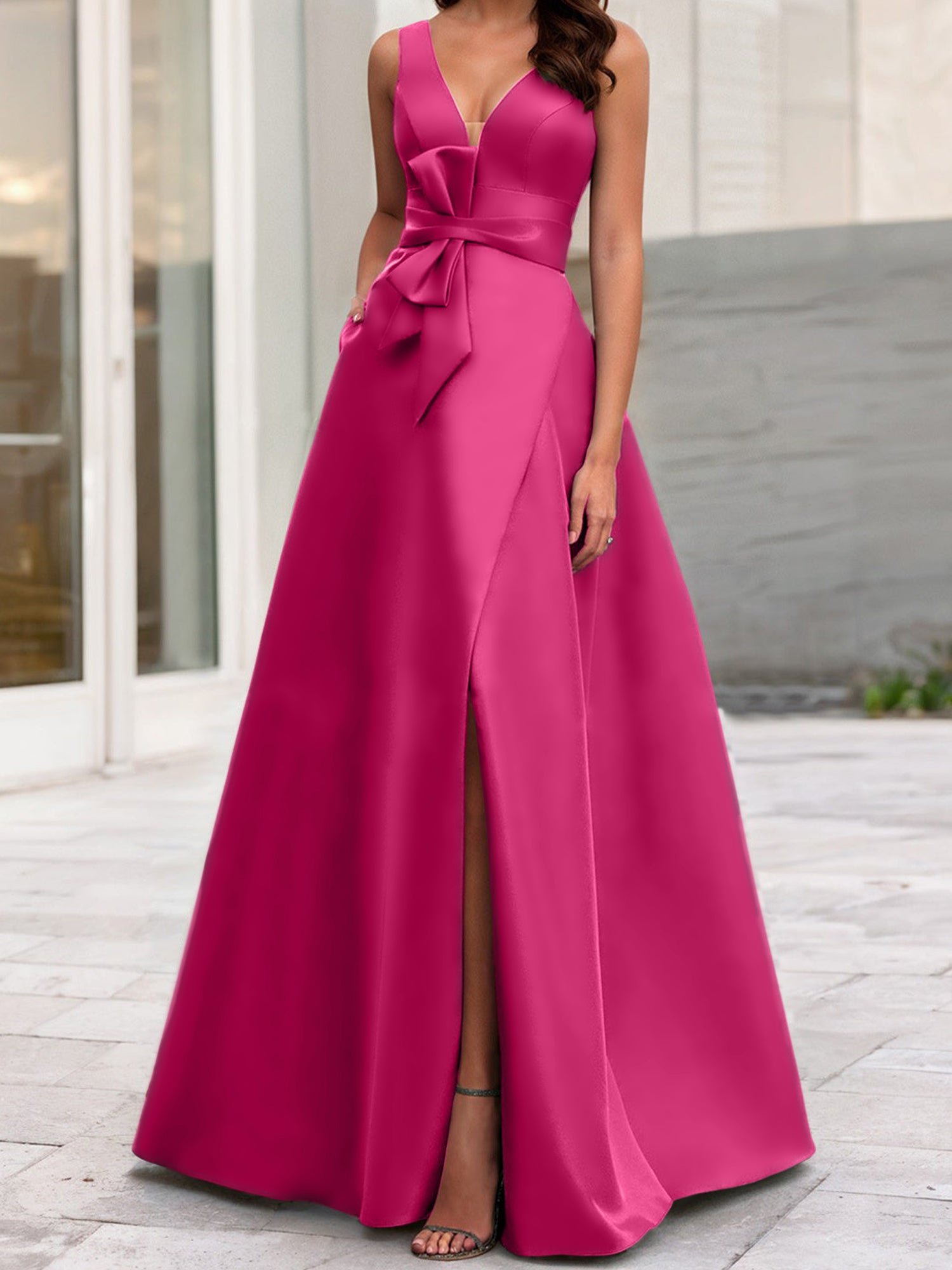 V-Neck Sleeveless A-Line Princess Mother Of The Bride Dress With Side Split-BMbridal