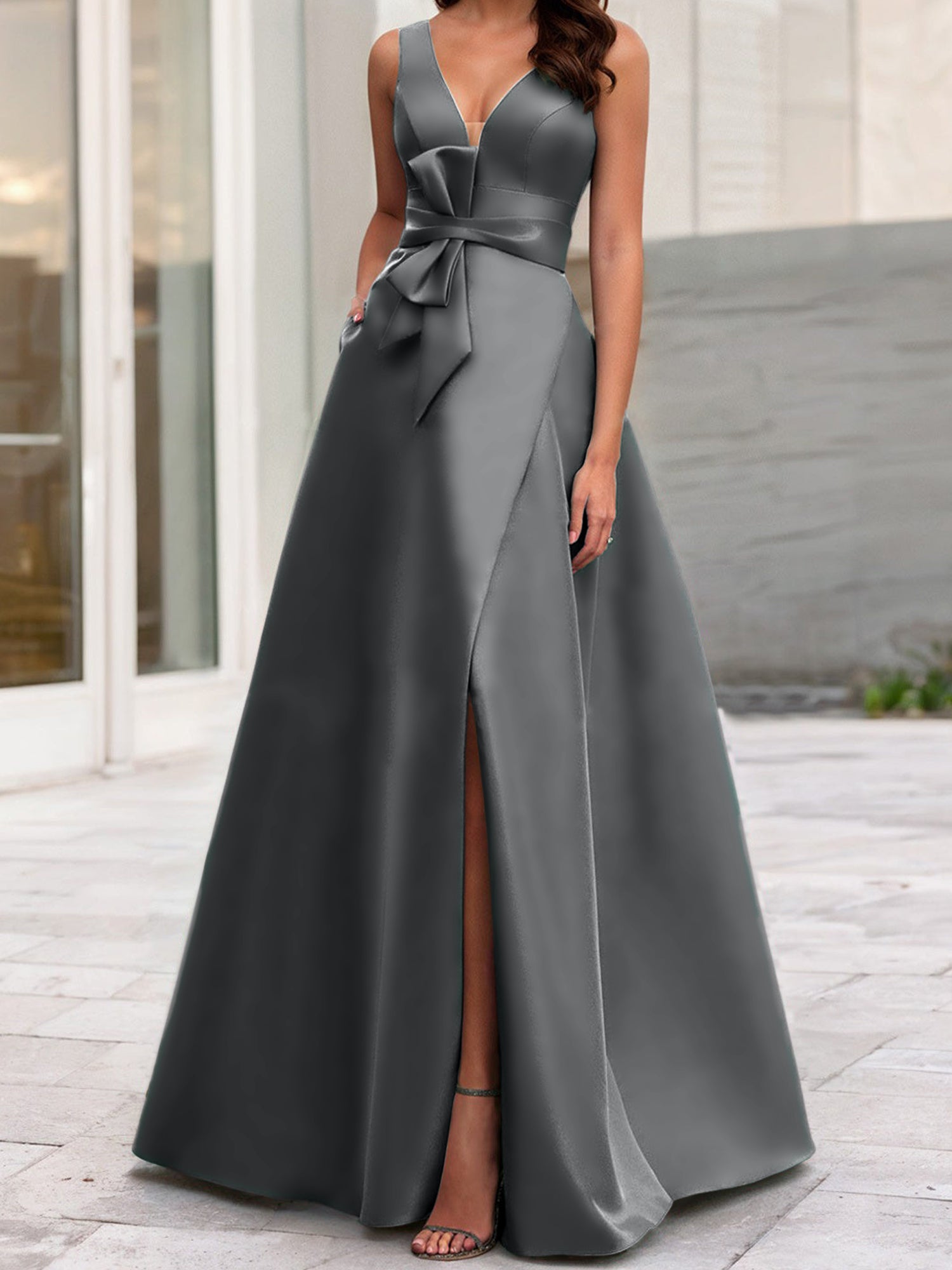V-Neck Sleeveless A-Line Princess Mother Of The Bride Dress With Side Split-BMbridal