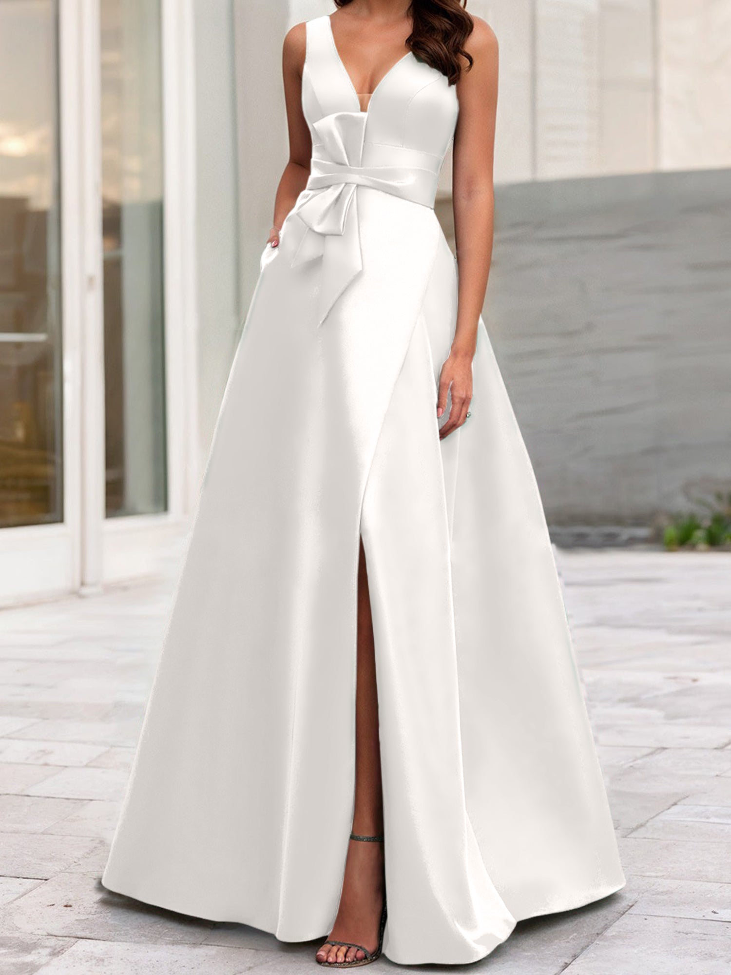 V-Neck Sleeveless A-Line Princess Mother Of The Bride Dress With Side Split-BMbridal