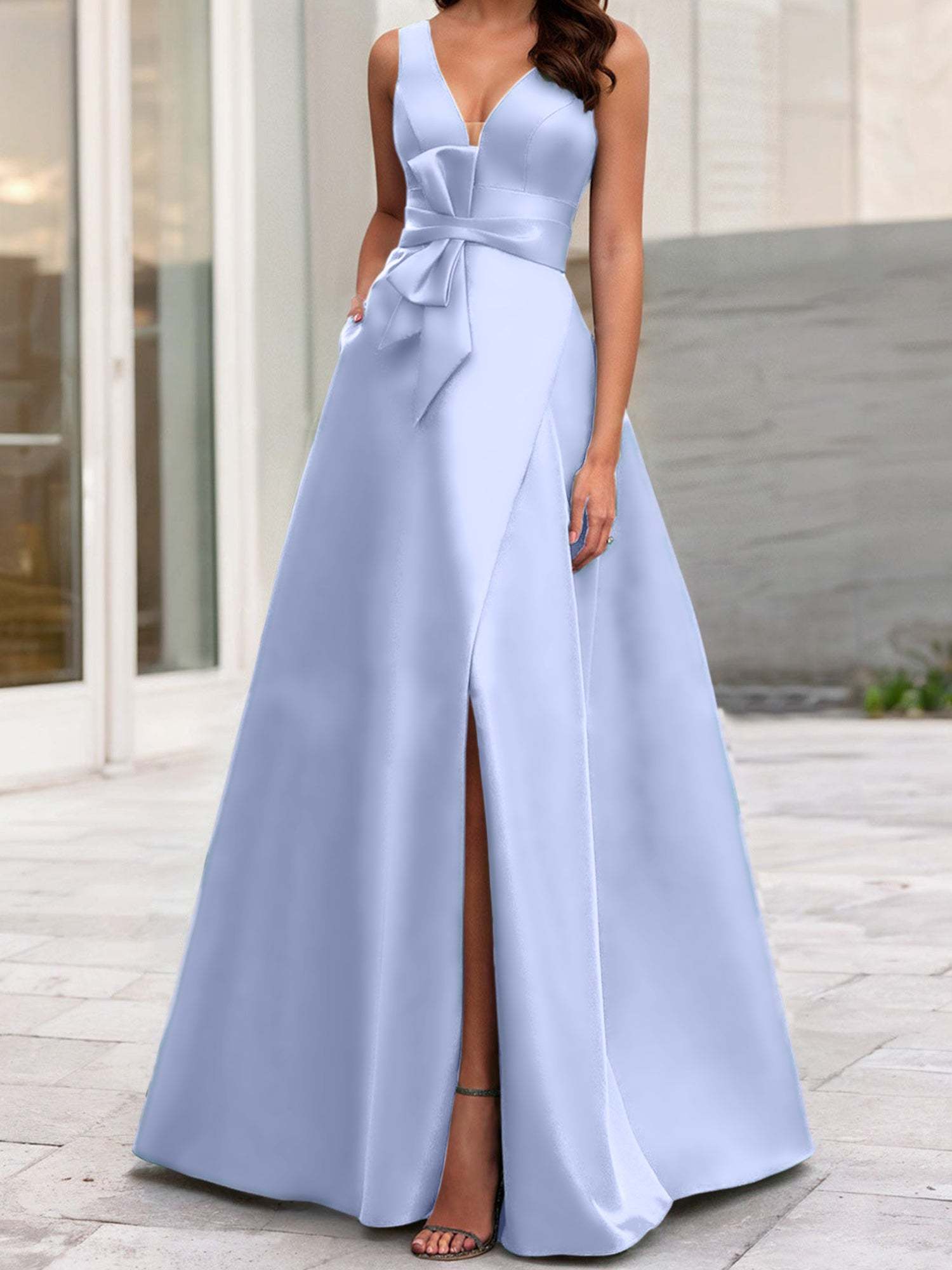 V-Neck Sleeveless A-Line Princess Mother Of The Bride Dress With Side Split-BMbridal