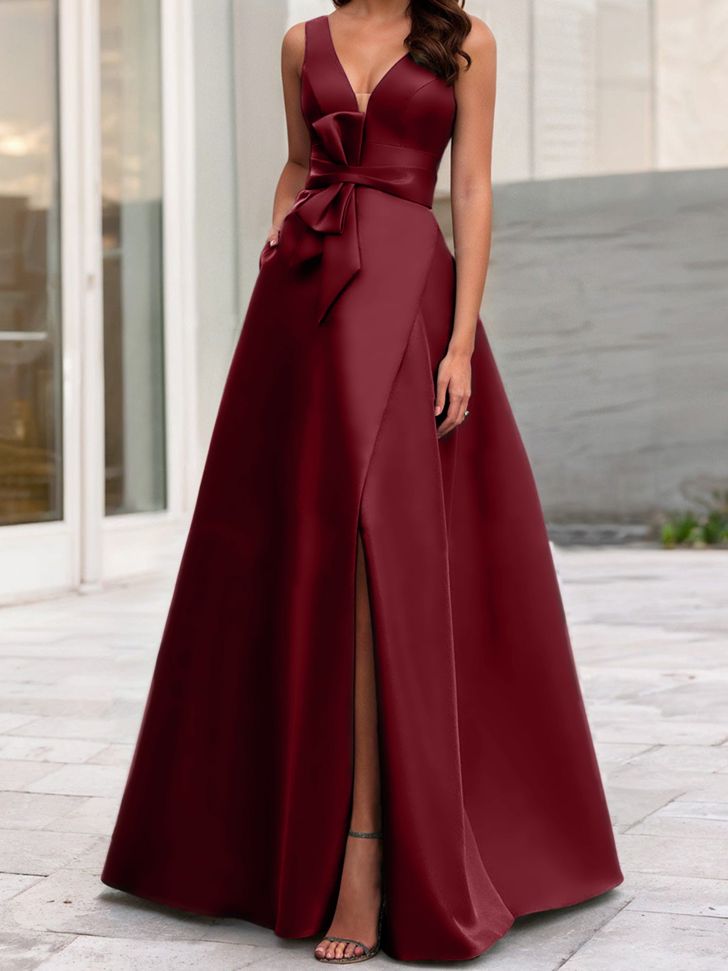 V-Neck Sleeveless A-Line Princess Mother Of The Bride Dress With Side Split-BMbridal