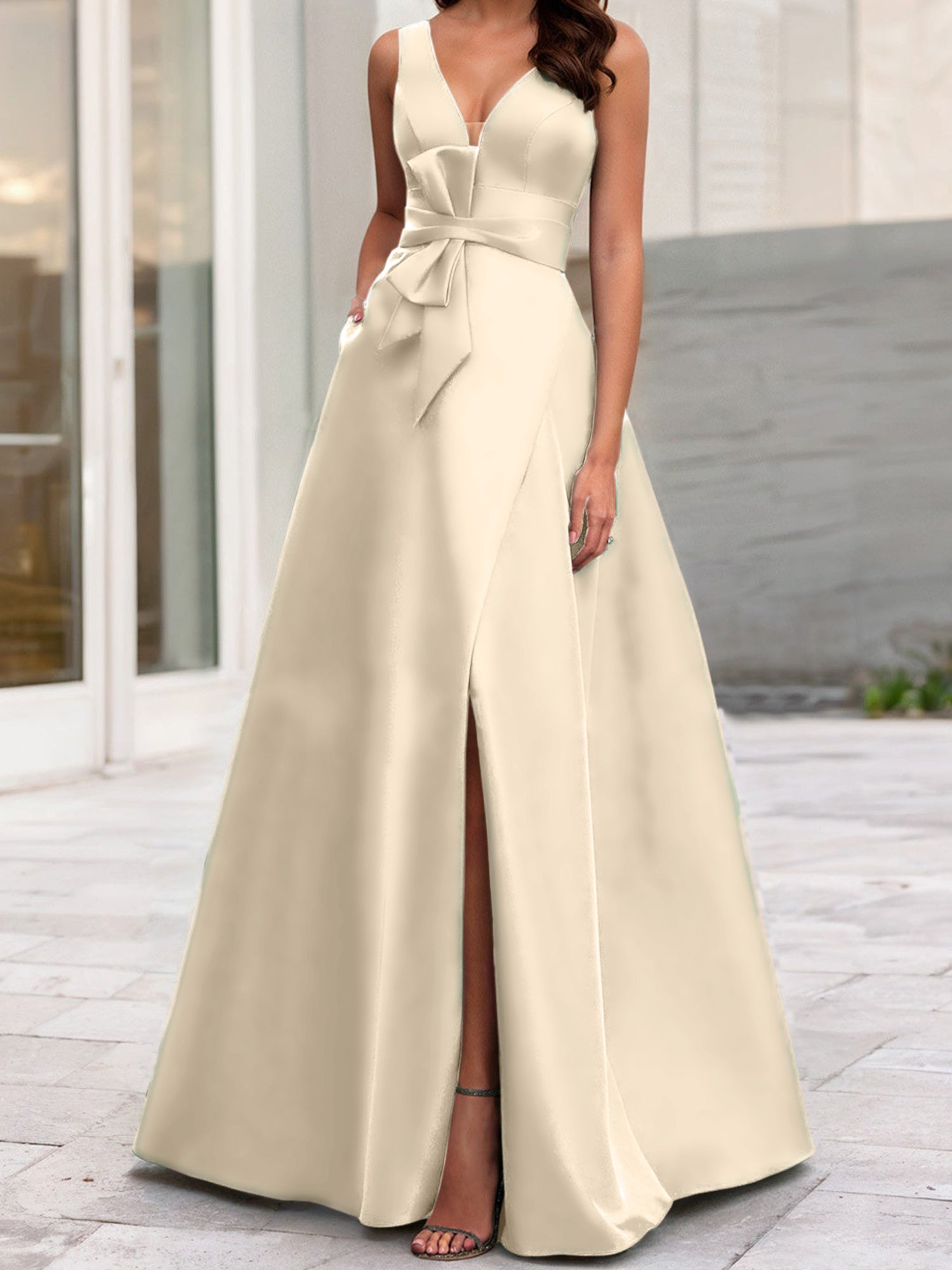 V-Neck Sleeveless A-Line Princess Mother Of The Bride Dress With Side Split-BMbridal