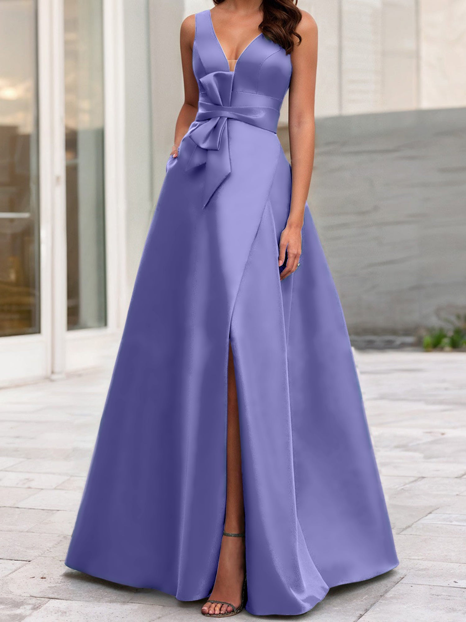 V-Neck Sleeveless A-Line Princess Mother Of The Bride Dress With Side Split-BMbridal