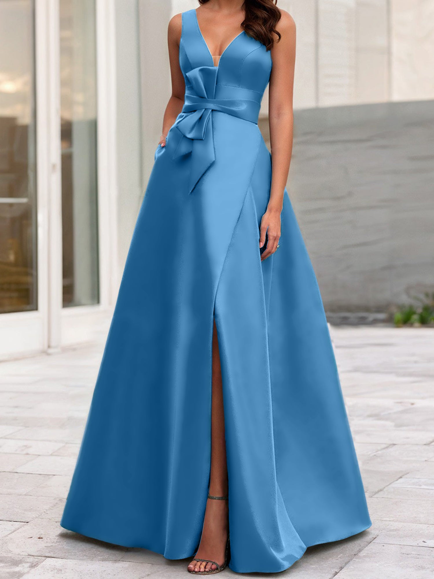 V-Neck Sleeveless A-Line Princess Mother Of The Bride Dress With Side Split-BMbridal