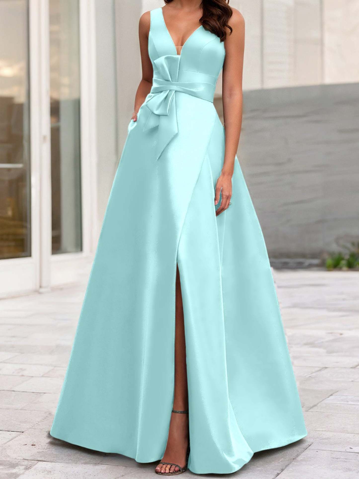 V-Neck Sleeveless A-Line Princess Mother Of The Bride Dress With Side Split-BMbridal