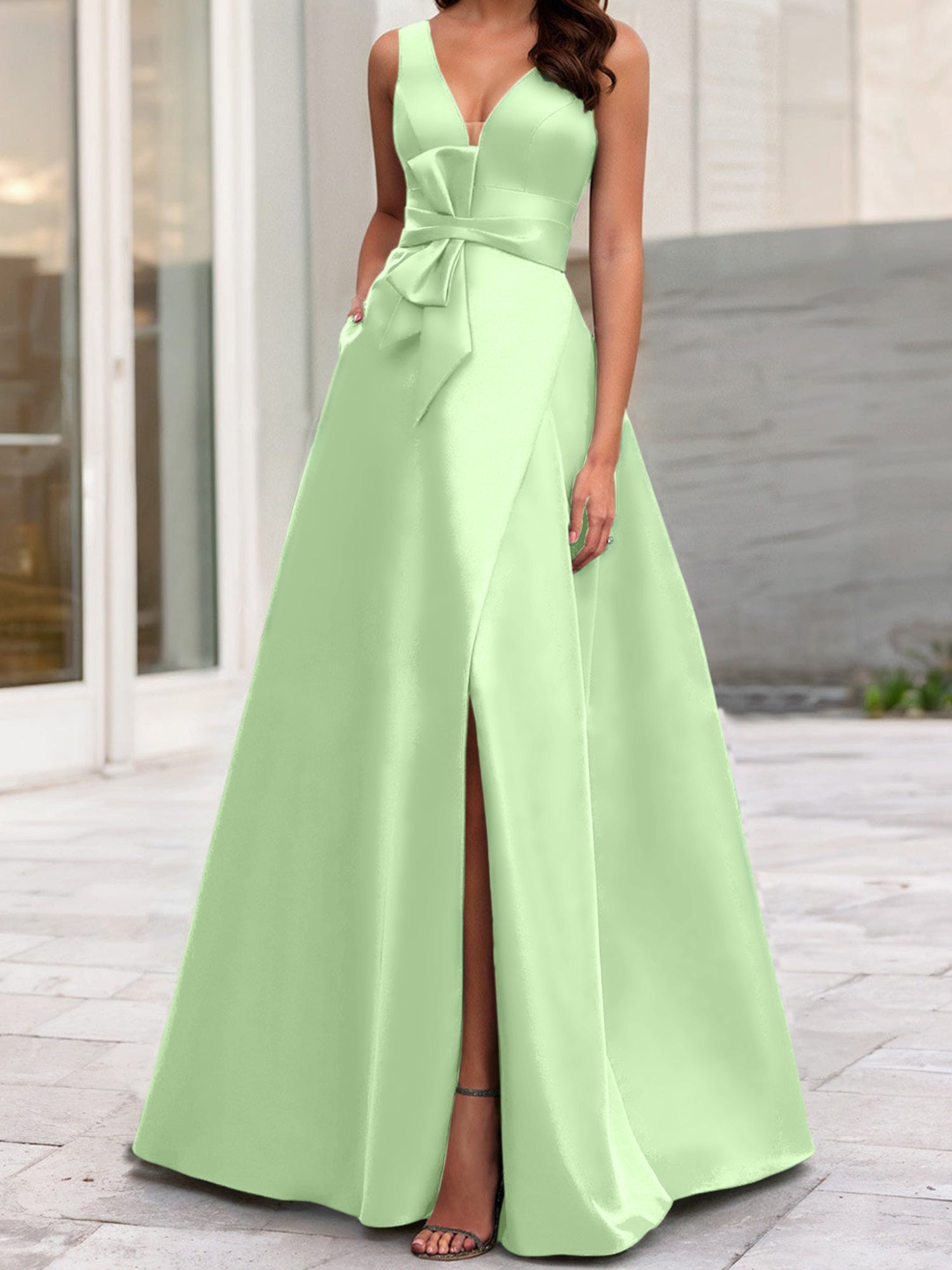 V-Neck Sleeveless A-Line Princess Mother Of The Bride Dress With Side Split-BMbridal