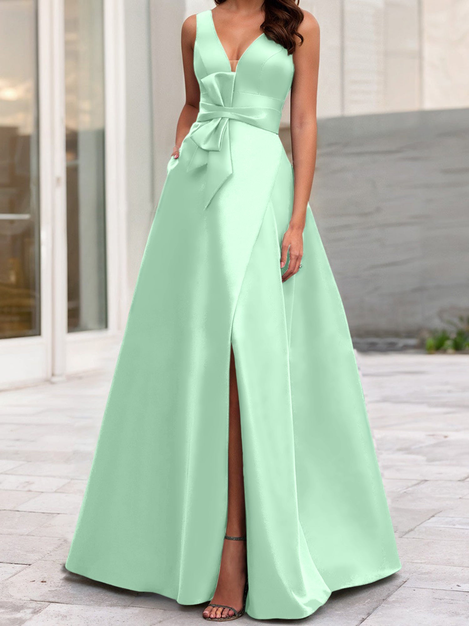 V-Neck Sleeveless A-Line Princess Mother Of The Bride Dress With Side Split-BMbridal