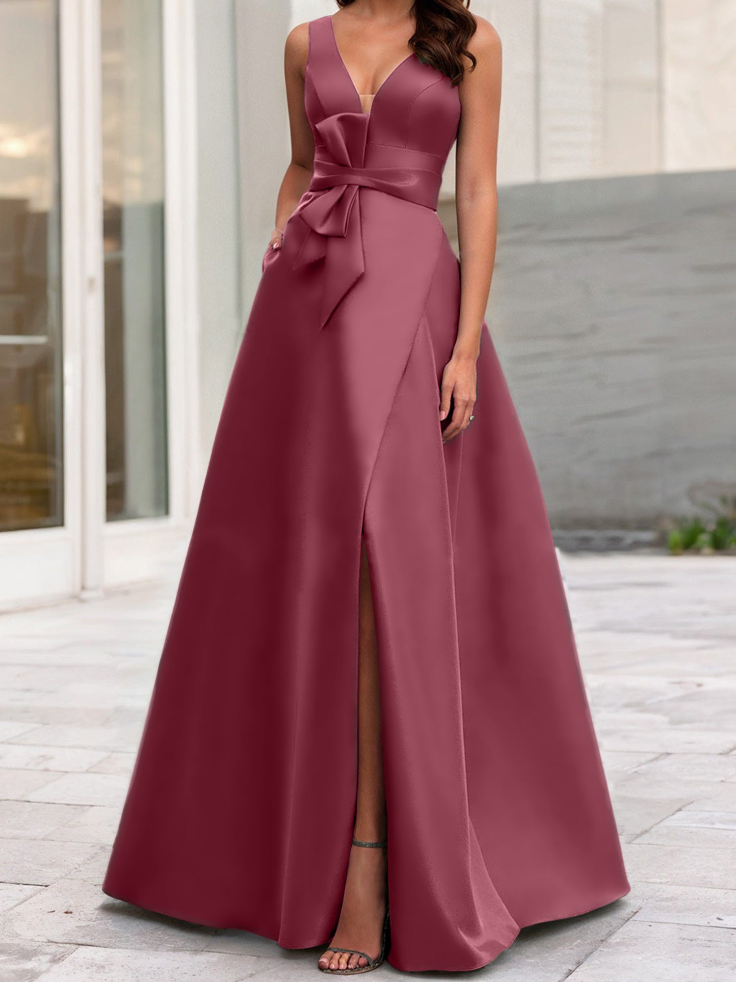 V-Neck Sleeveless A-Line Princess Mother Of The Bride Dress With Side Split-BMbridal