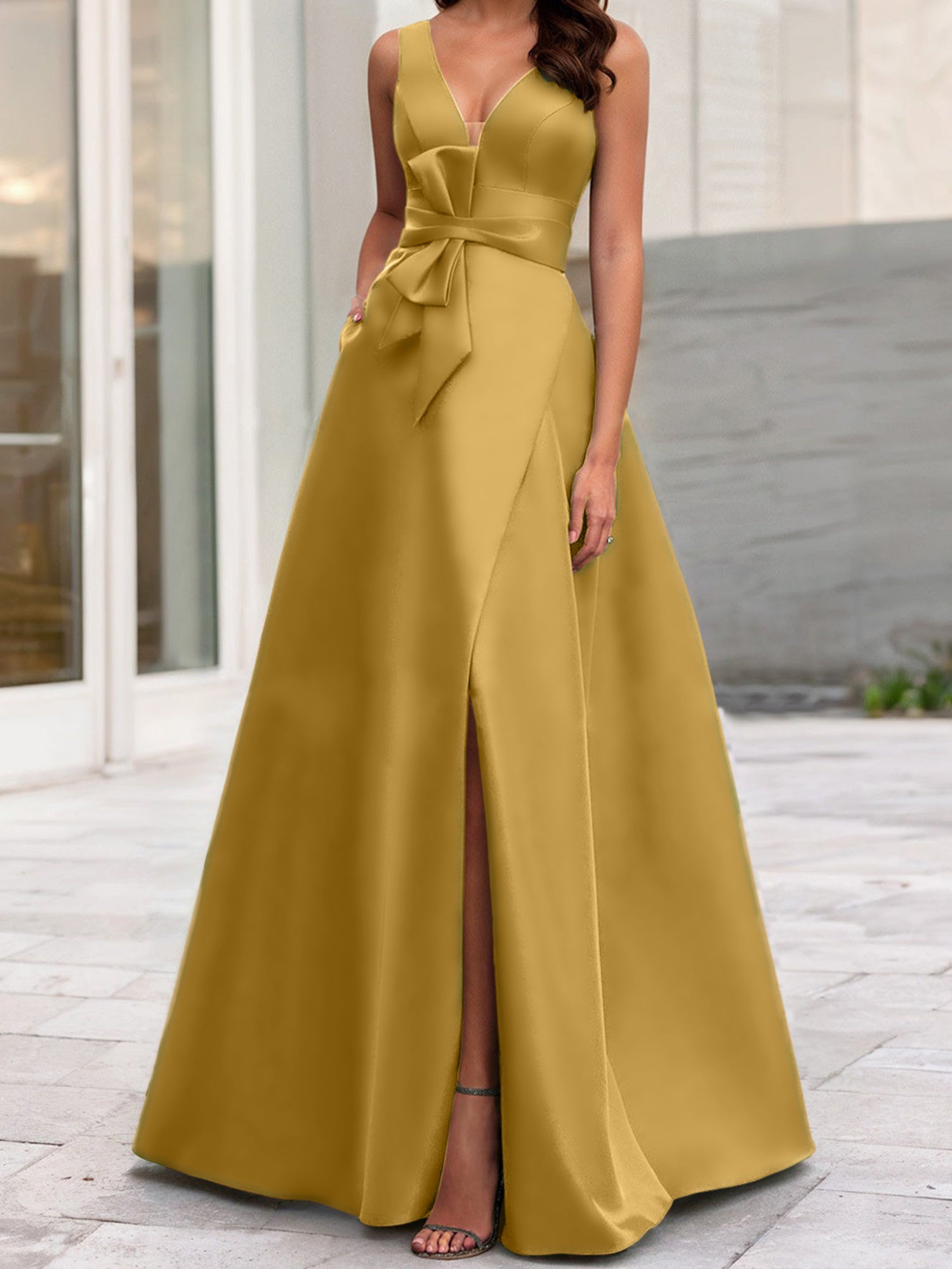 V-Neck Sleeveless A-Line Princess Mother Of The Bride Dress With Side Split-BMbridal