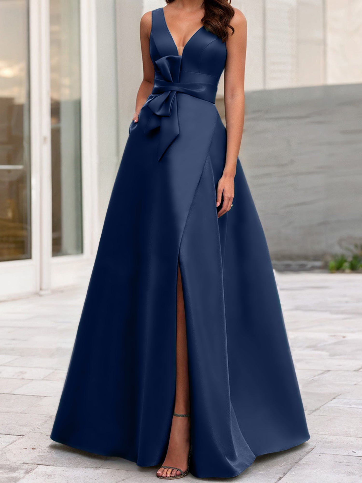V-Neck Sleeveless A-Line Princess Mother Of The Bride Dress With Side Split-BMbridal