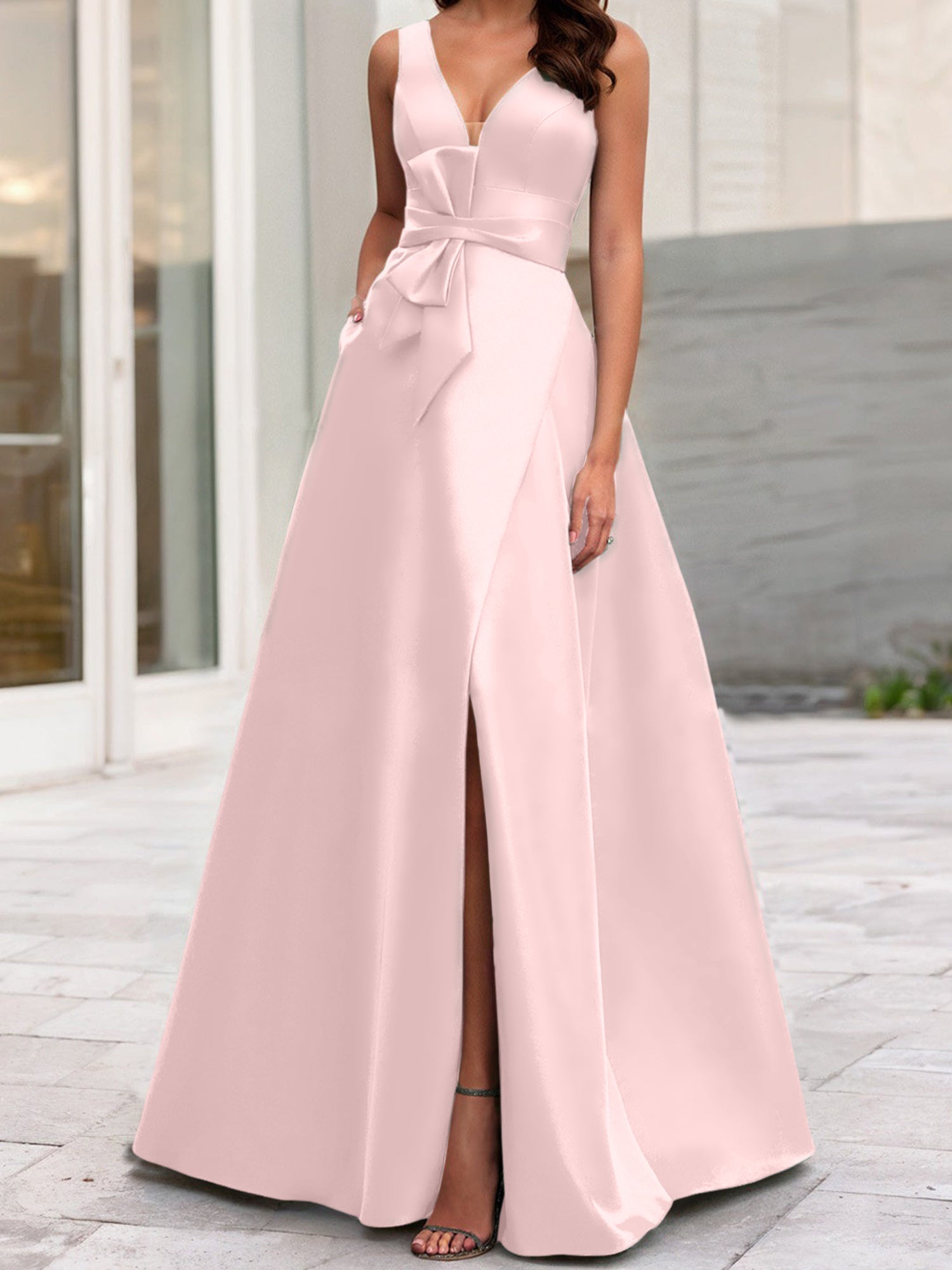 V-Neck Sleeveless A-Line Princess Mother Of The Bride Dress With Side Split-BMbridal