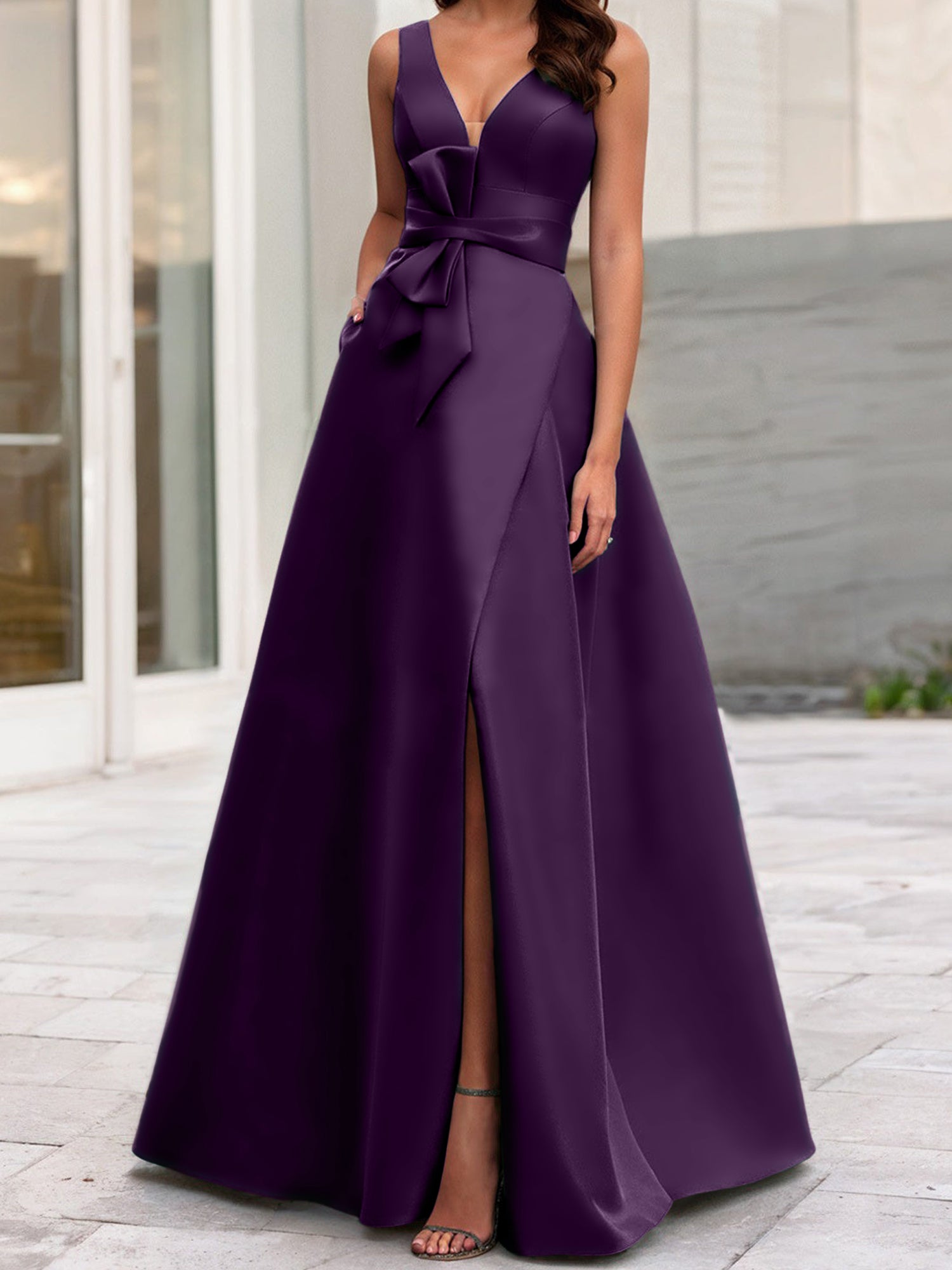 V-Neck Sleeveless A-Line Princess Mother Of The Bride Dress With Side Split-BMbridal