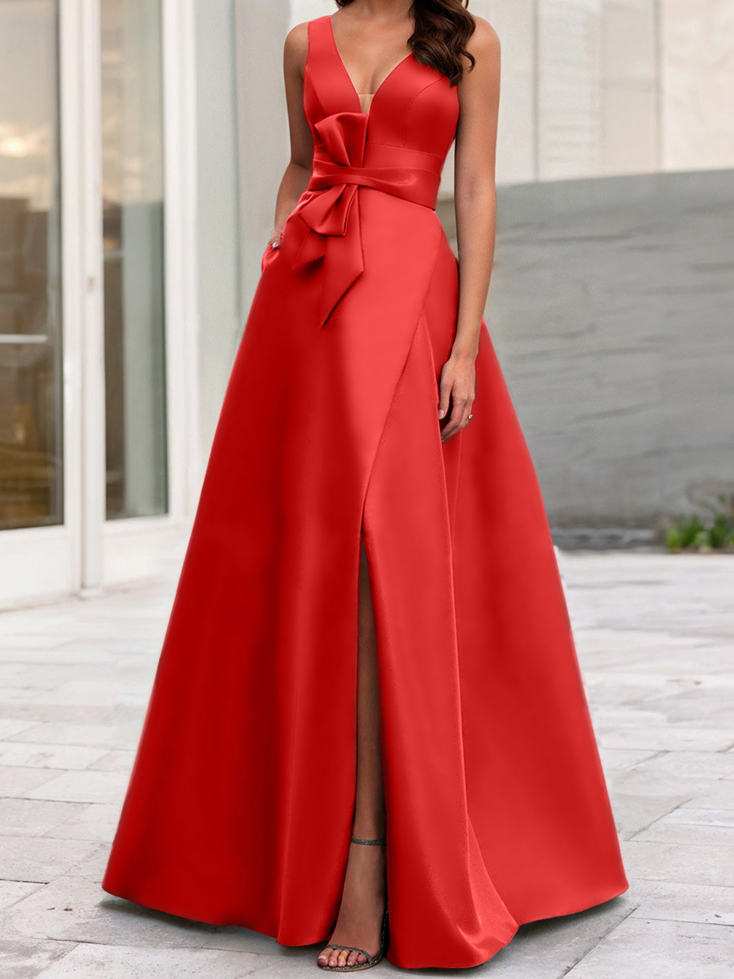 V-Neck Sleeveless A-Line Princess Mother Of The Bride Dress With Side Split-BMbridal