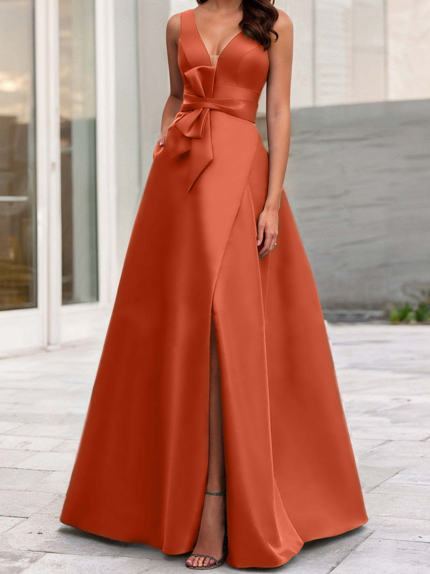 V-Neck Sleeveless A-Line Princess Mother Of The Bride Dress With Side Split-BMbridal