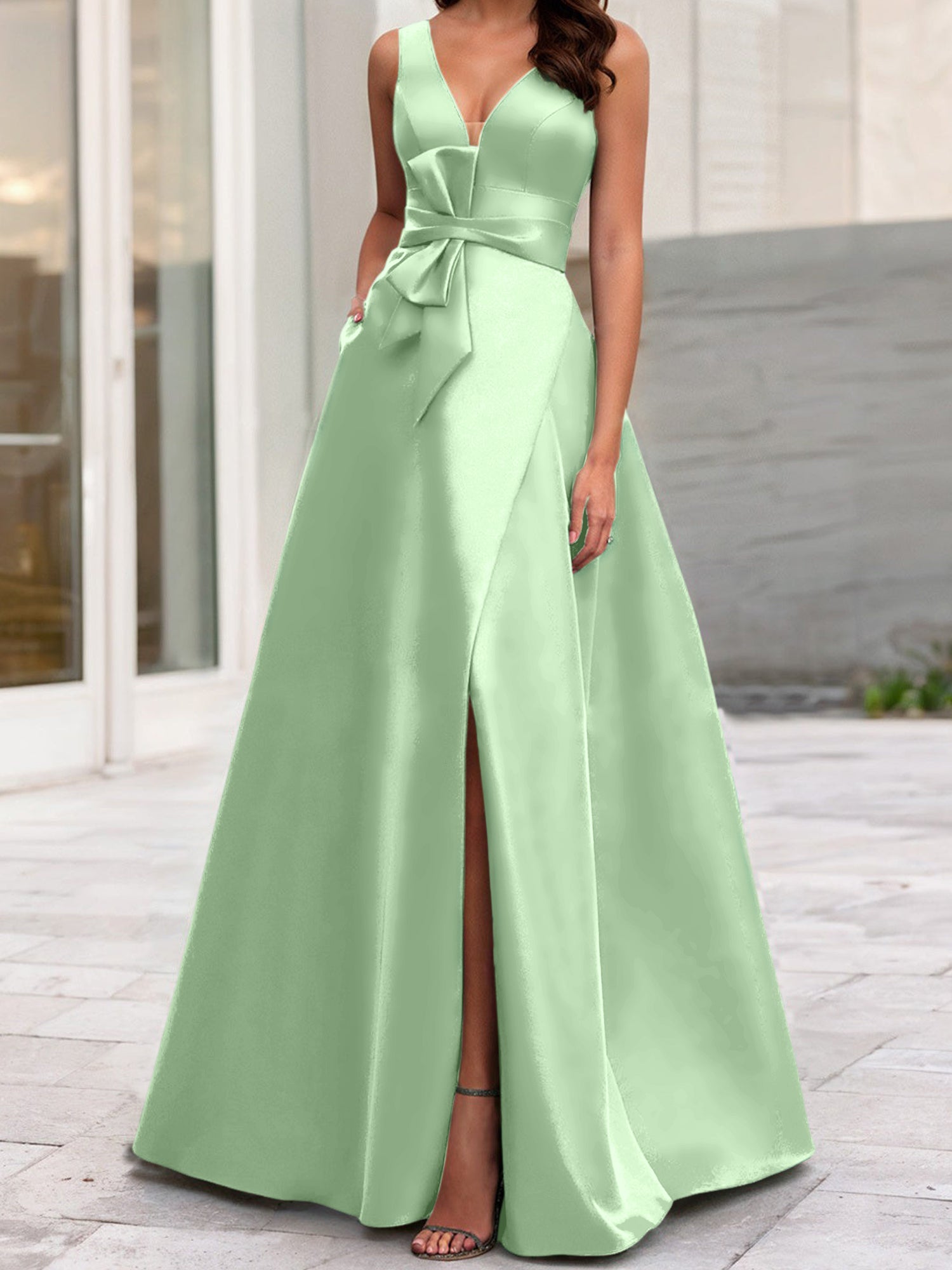 V-Neck Sleeveless A-Line Princess Mother Of The Bride Dress With Side Split-BMbridal